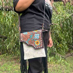 Ladies Hair On Tooled Leather Bag with Fringe & Detachable Crossbody Strap